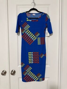 LuLaRoe Blue Midi Dress with Red and Yellow Geometric Print